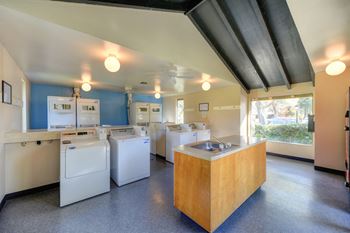Community Laundry Room with Washers, Dryers, Sink and Large Window at Pinecrest Apartments, California